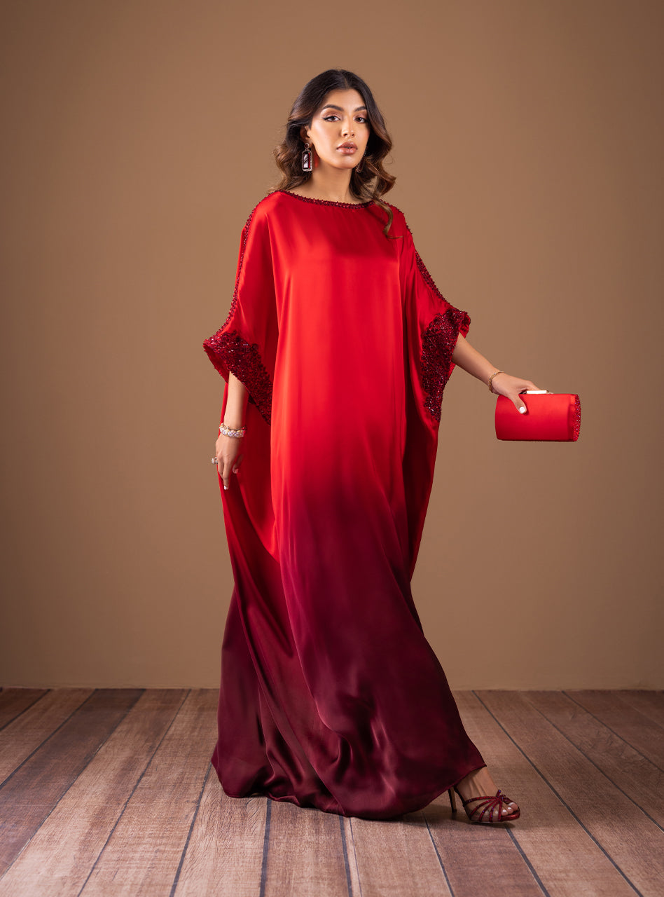 Pakistani Red and Black Hand-Beaded Shamose Silk Kaftan (1-Pc) - Image 3