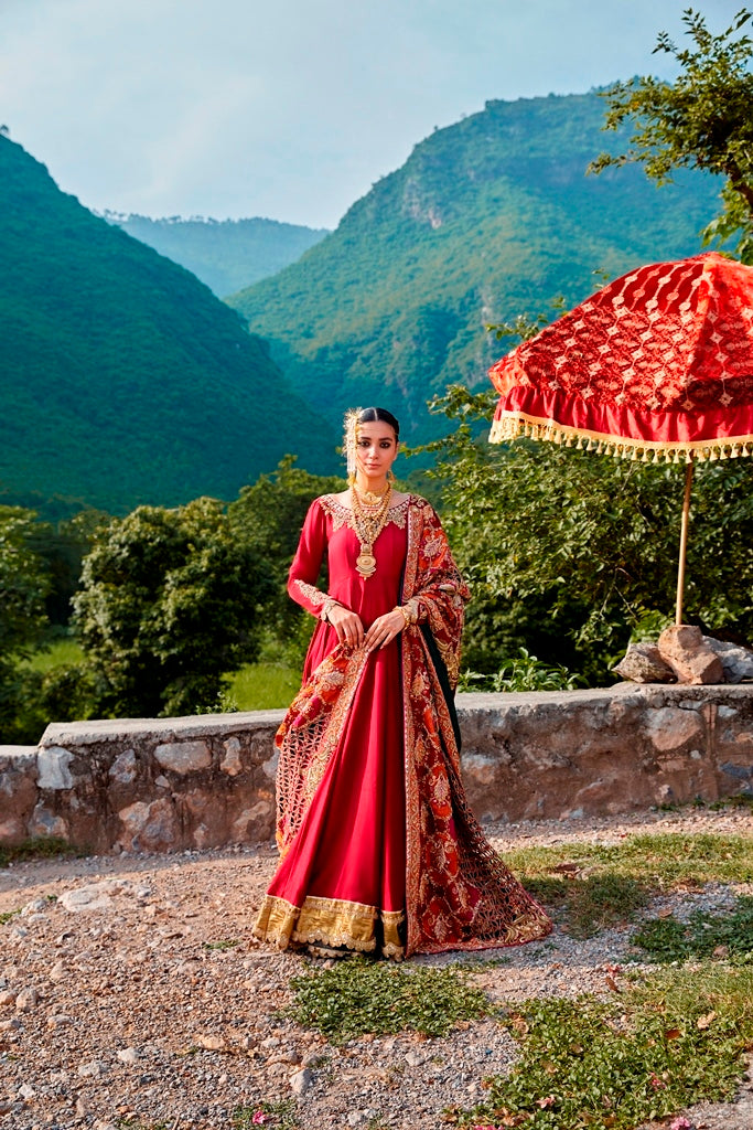 Pakistani Scarlet Embroidered Crepe de Chine Kalidaar (2-Piece) - Image 1