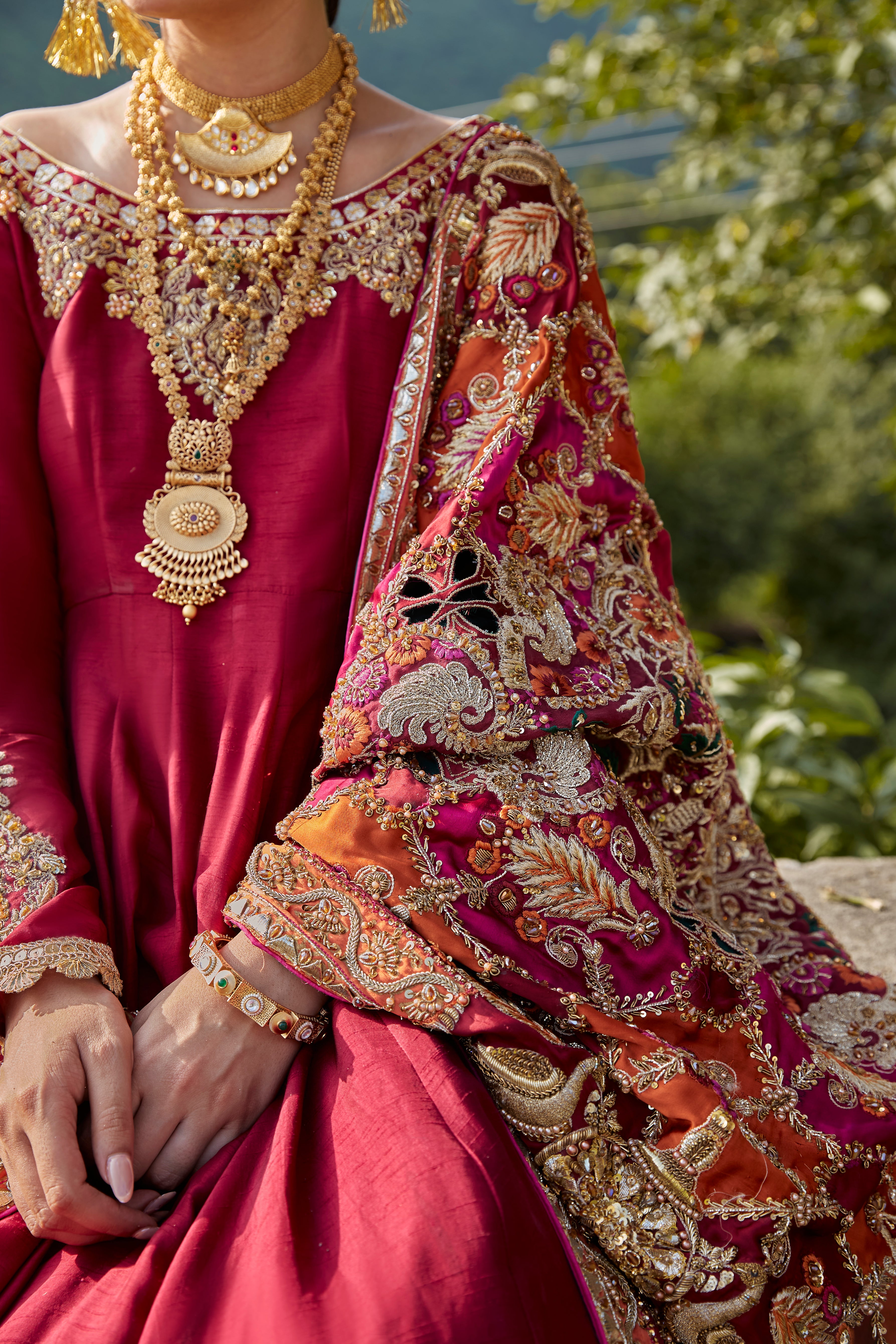 Pakistani Scarlet Embroidered Crepe de Chine Kalidaar (2-Piece) - Image 2