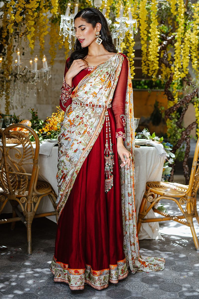 Carmine Red Embroidered Khaddi Net Kalidaar (3-Piece) - Image 1