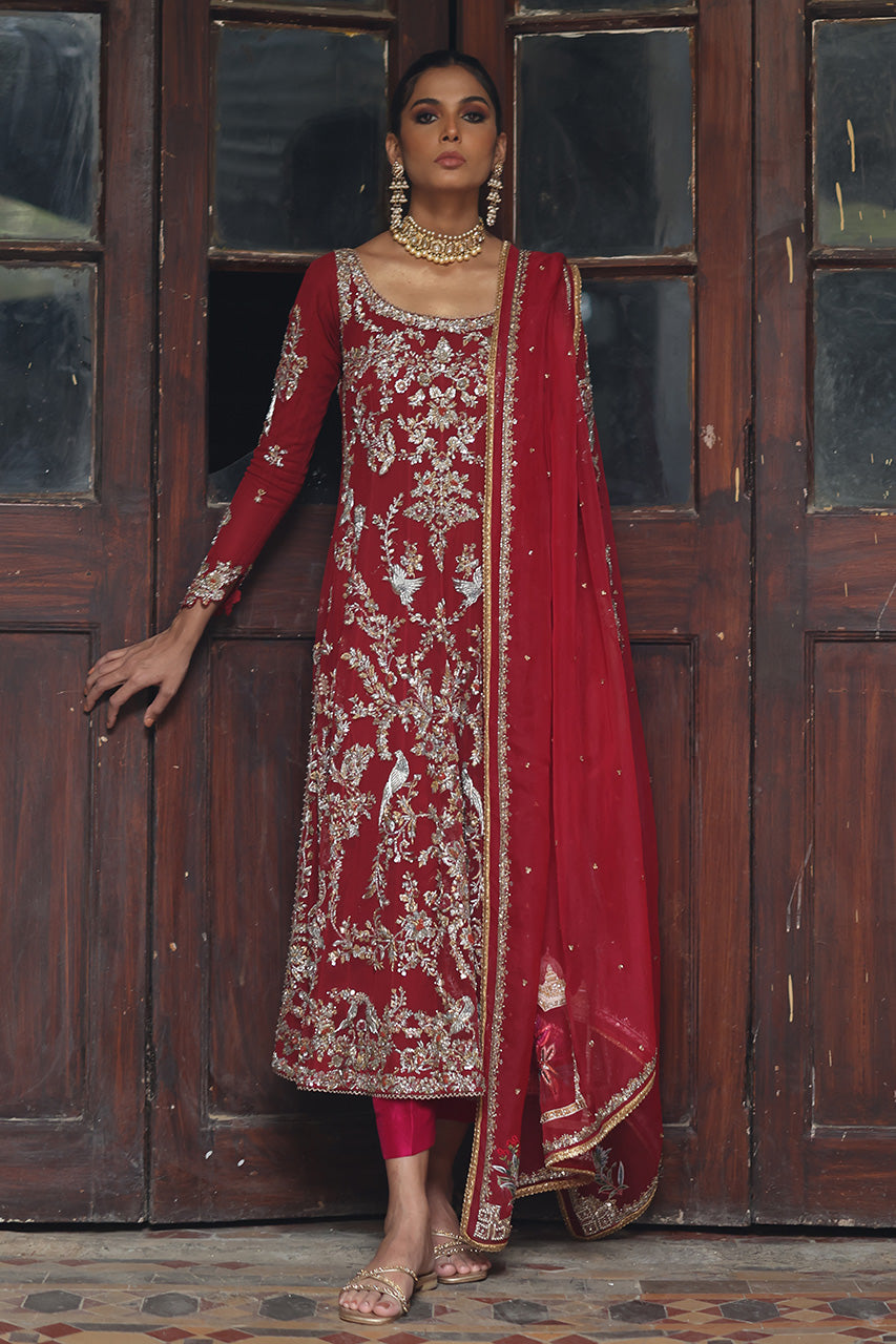 Pakistani Red Zardozi Kamdani Net Silk Kalidaar (3-Piece) - Image 1