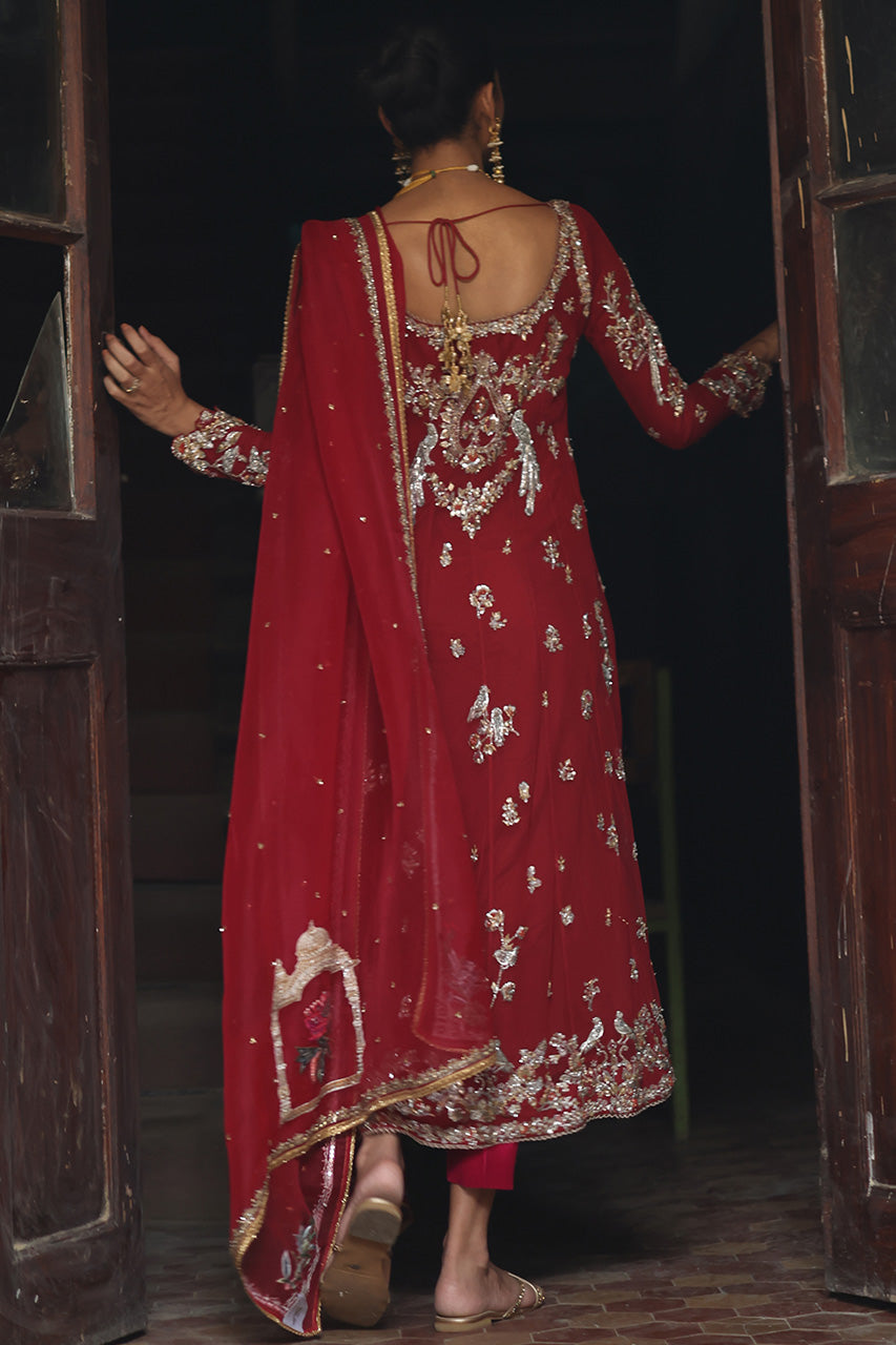 Pakistani Red Zardozi Kamdani Net Silk Kalidaar (3-Piece) - Image 2