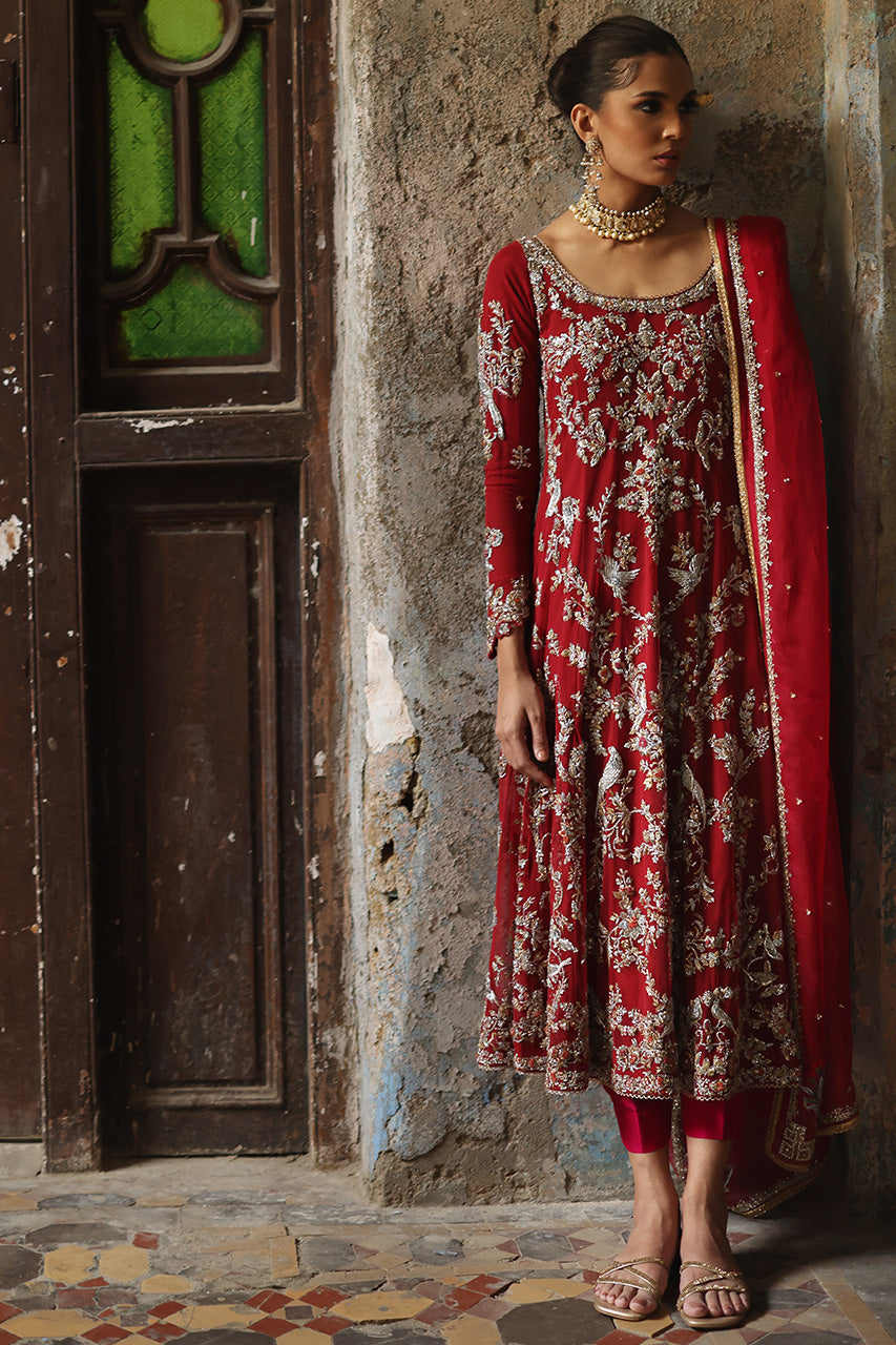 Pakistani Red Zardozi Kamdani Net Silk Kalidaar (3-Piece) - Image 4