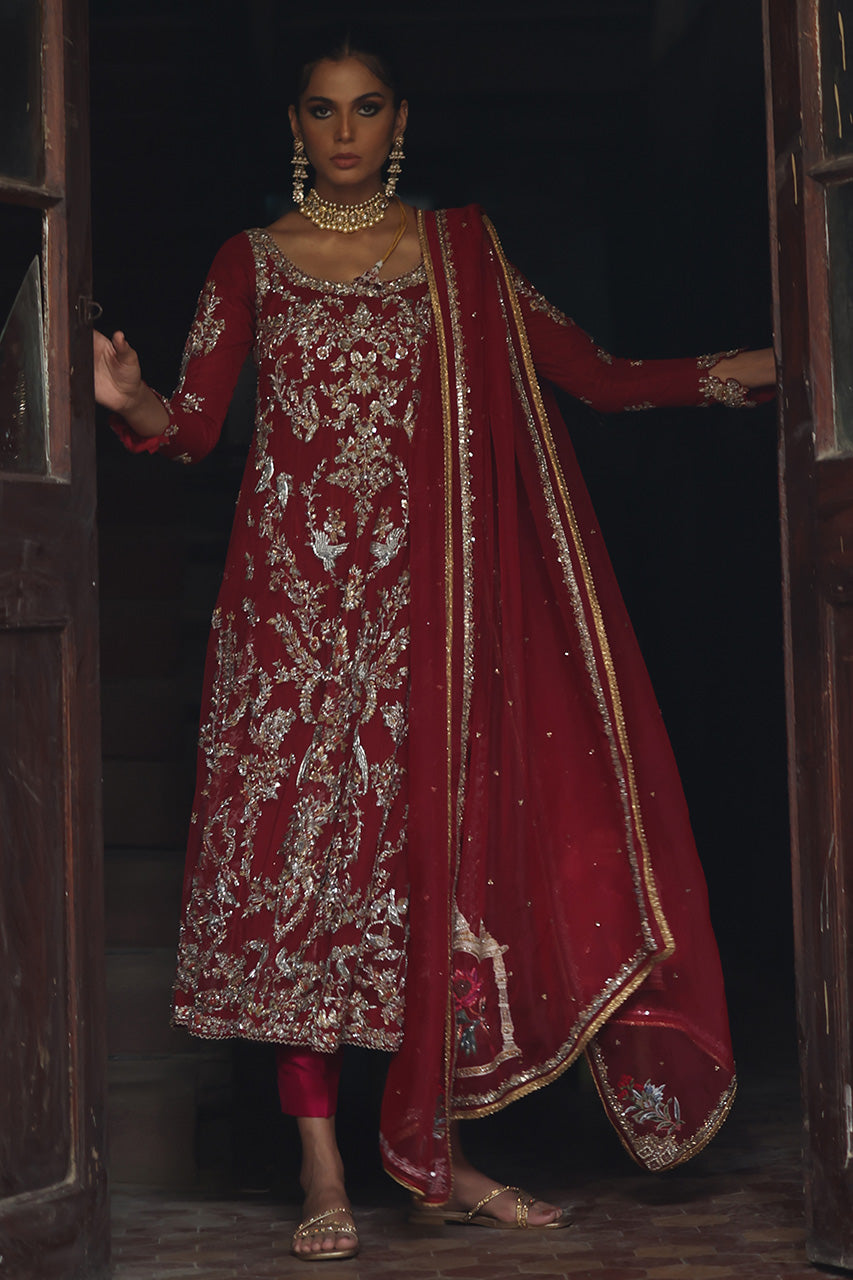Pakistani Red Zardozi Kamdani Net Silk Kalidaar (3-Piece) - Image 5