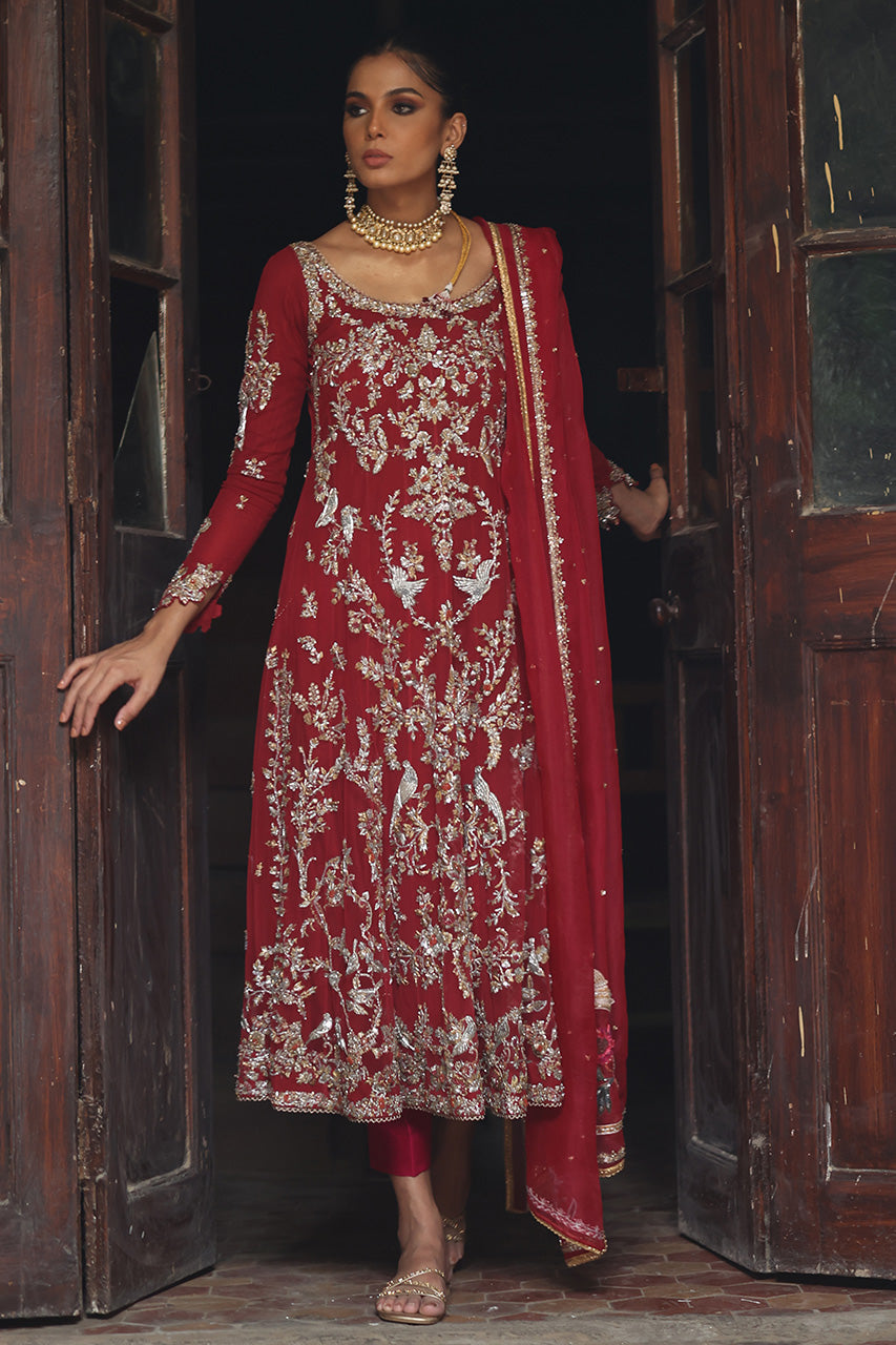 Pakistani Red Zardozi Kamdani Net Silk Kalidaar (3-Piece) - Image 6