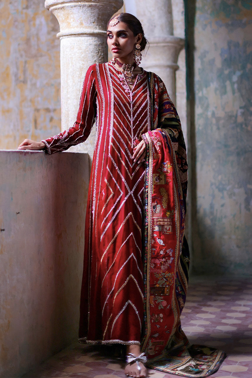 Pakistani Red Zardozi Organza Kalidar Dress (3-Piece) - Image 1