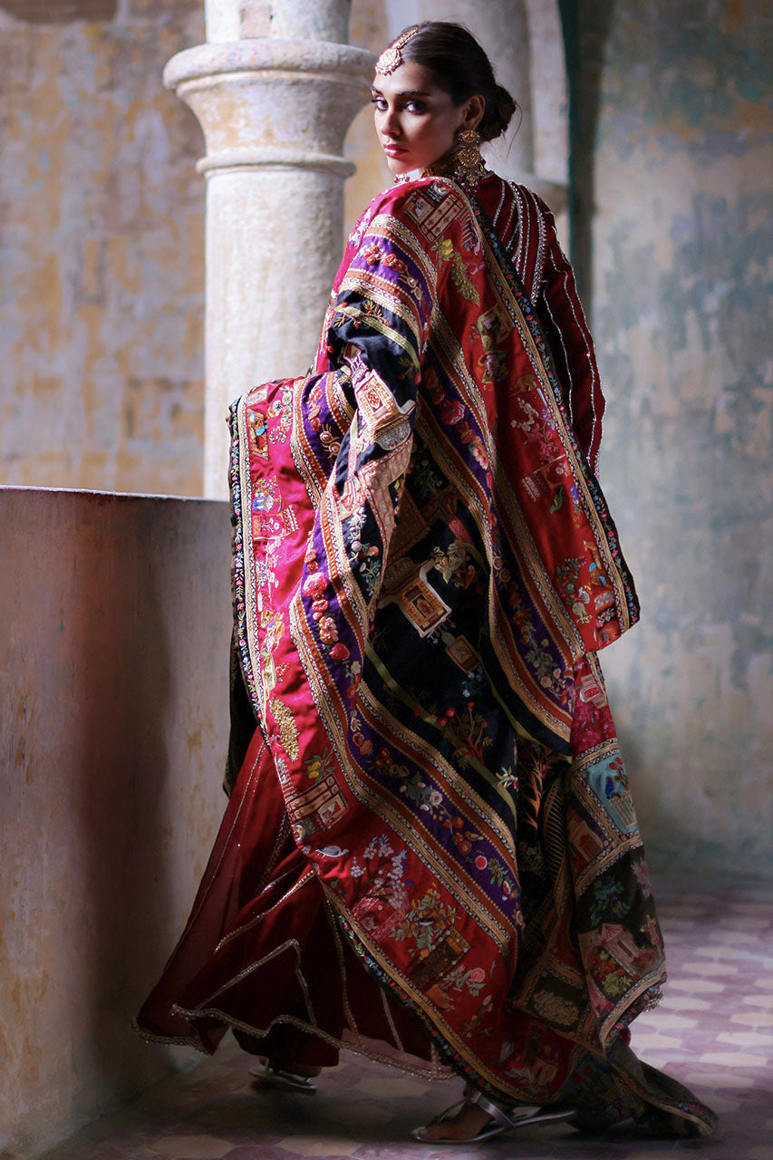 Pakistani Red Zardozi Organza Kalidar Dress (3-Piece) - Image 2