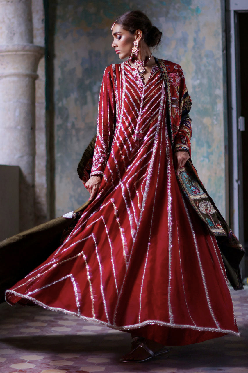 Pakistani Red Zardozi Organza Kalidar Dress (3-Piece) - Image 3