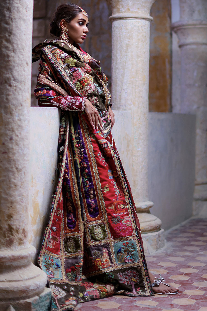 Pakistani Red Zardozi Organza Kalidar Dress (3-Piece) - Image 4