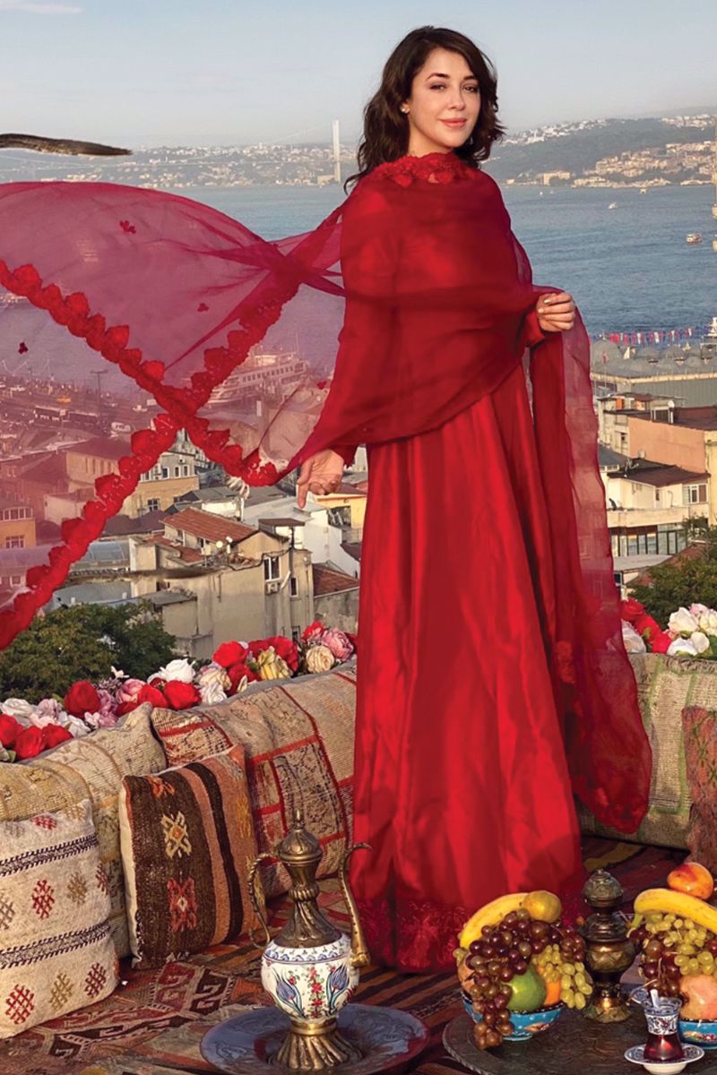 Pakistani Carnation Red Embellished Pure Raw Silk Kalidaar (2-Piece) - Image 1