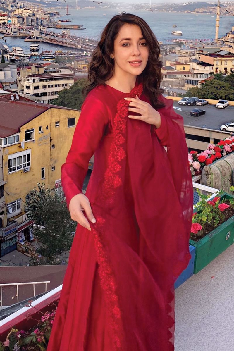 Pakistani Carnation Red Embellished Pure Raw Silk Kalidaar (2-Piece) - Image 2