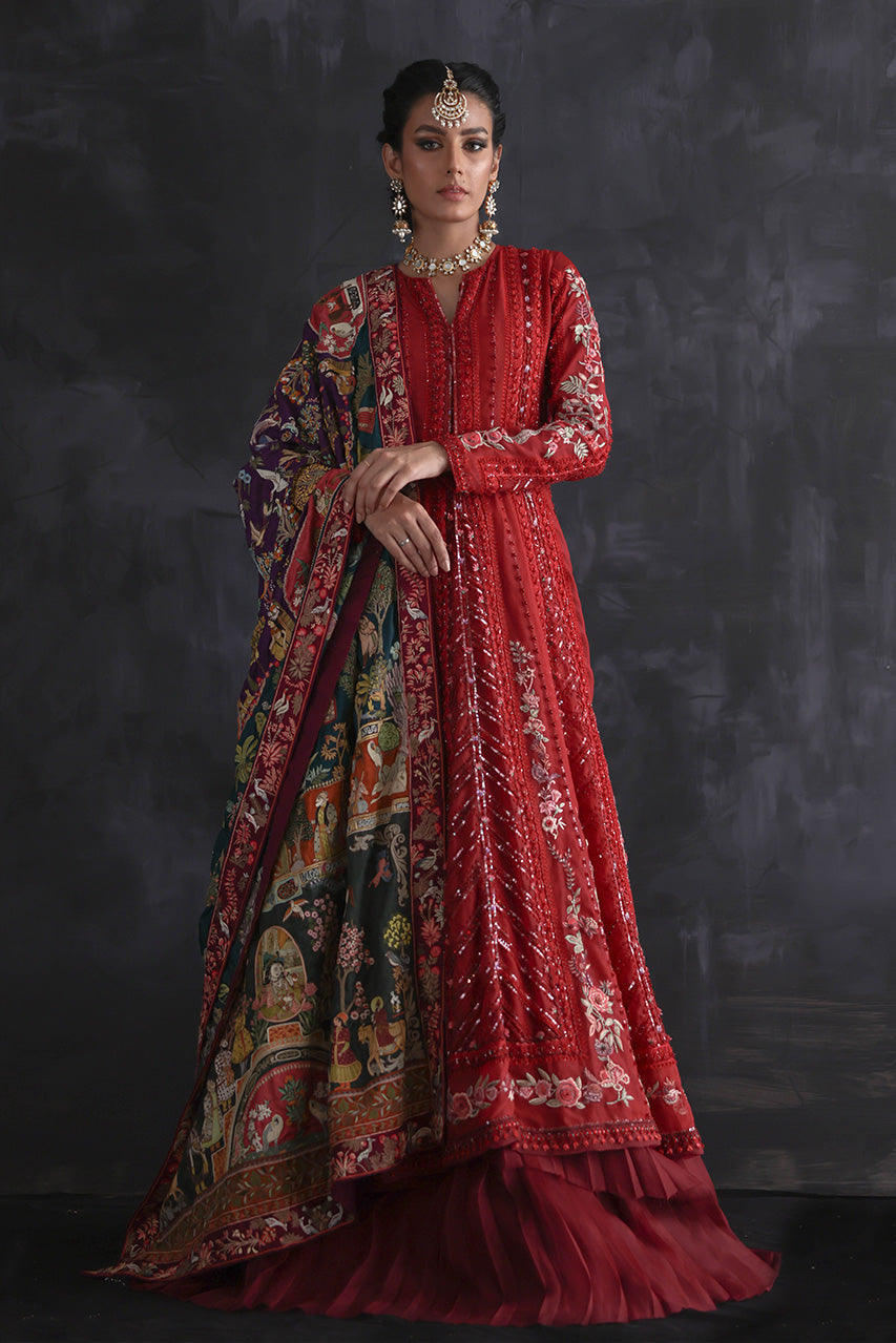 Red Ari Embroidered Silk Organza Kalidar (2-Piece) - Image 1