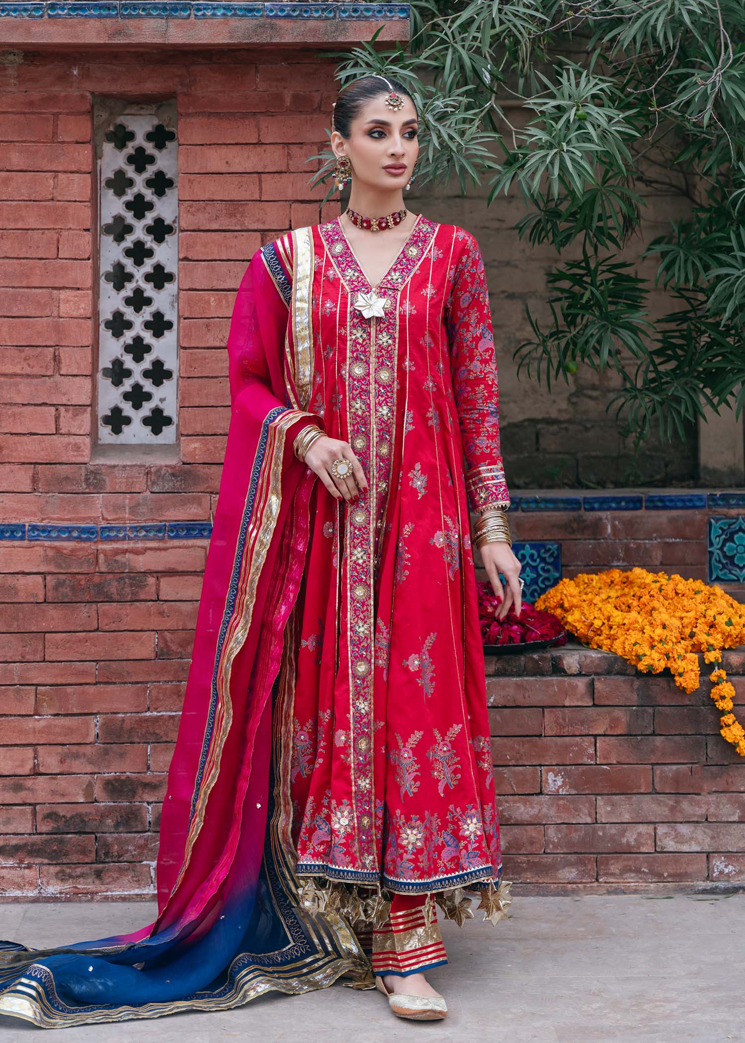 Crimson Gold Block Print Silk Kalidar (3-Piece) - Image 1