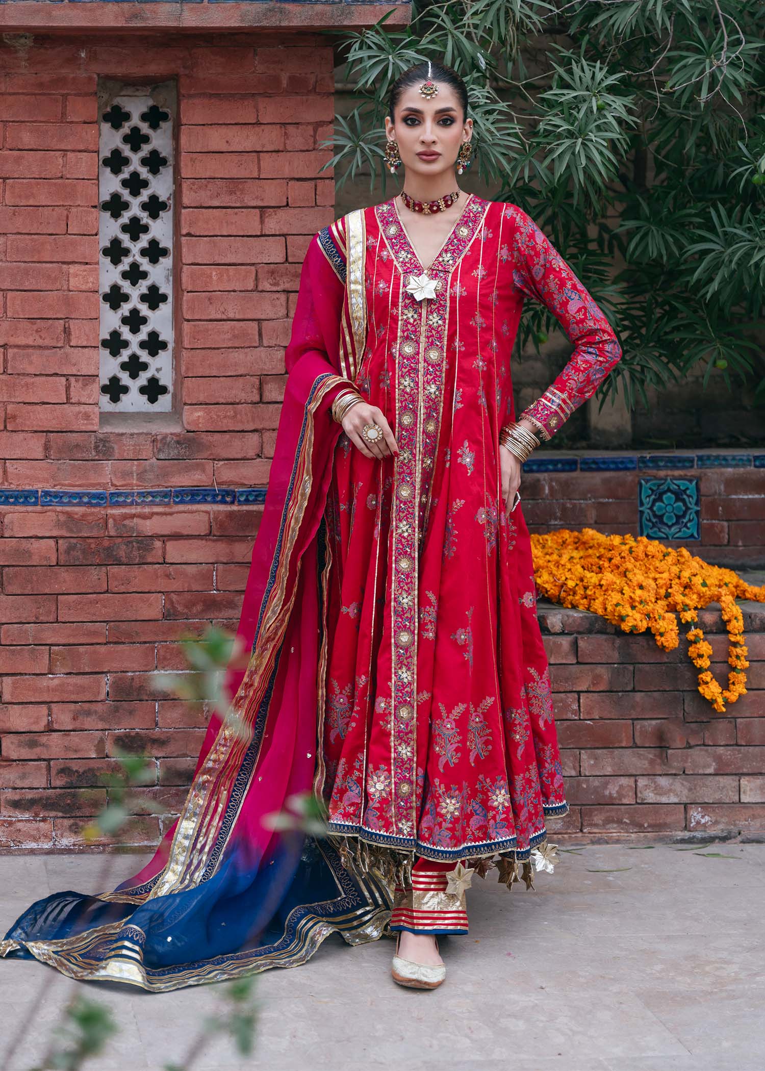 Crimson Gold Block Print Silk Kalidar (3-Piece) - Image 2