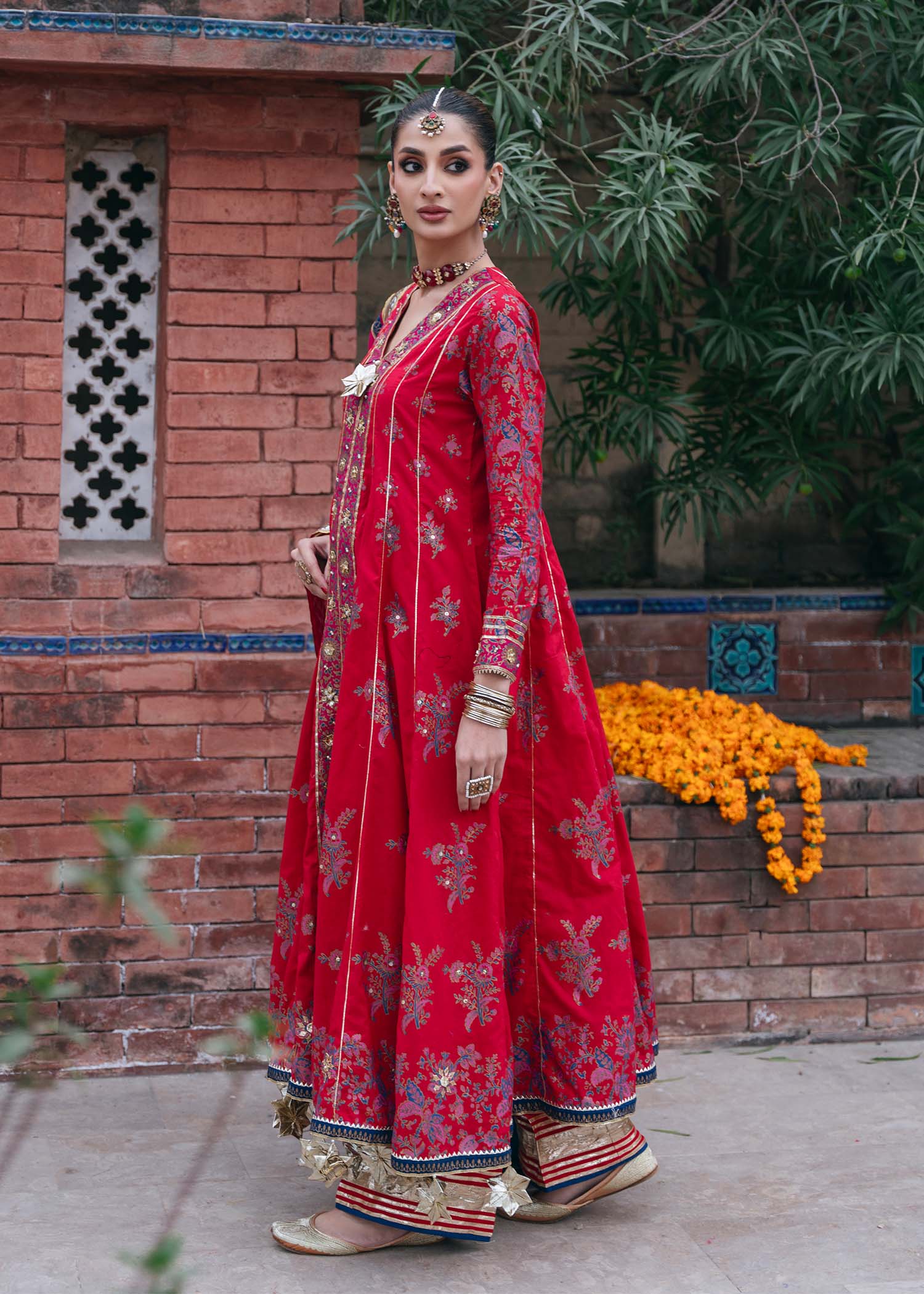 Crimson Gold Block Print Silk Kalidar (3-Piece) - Image 4