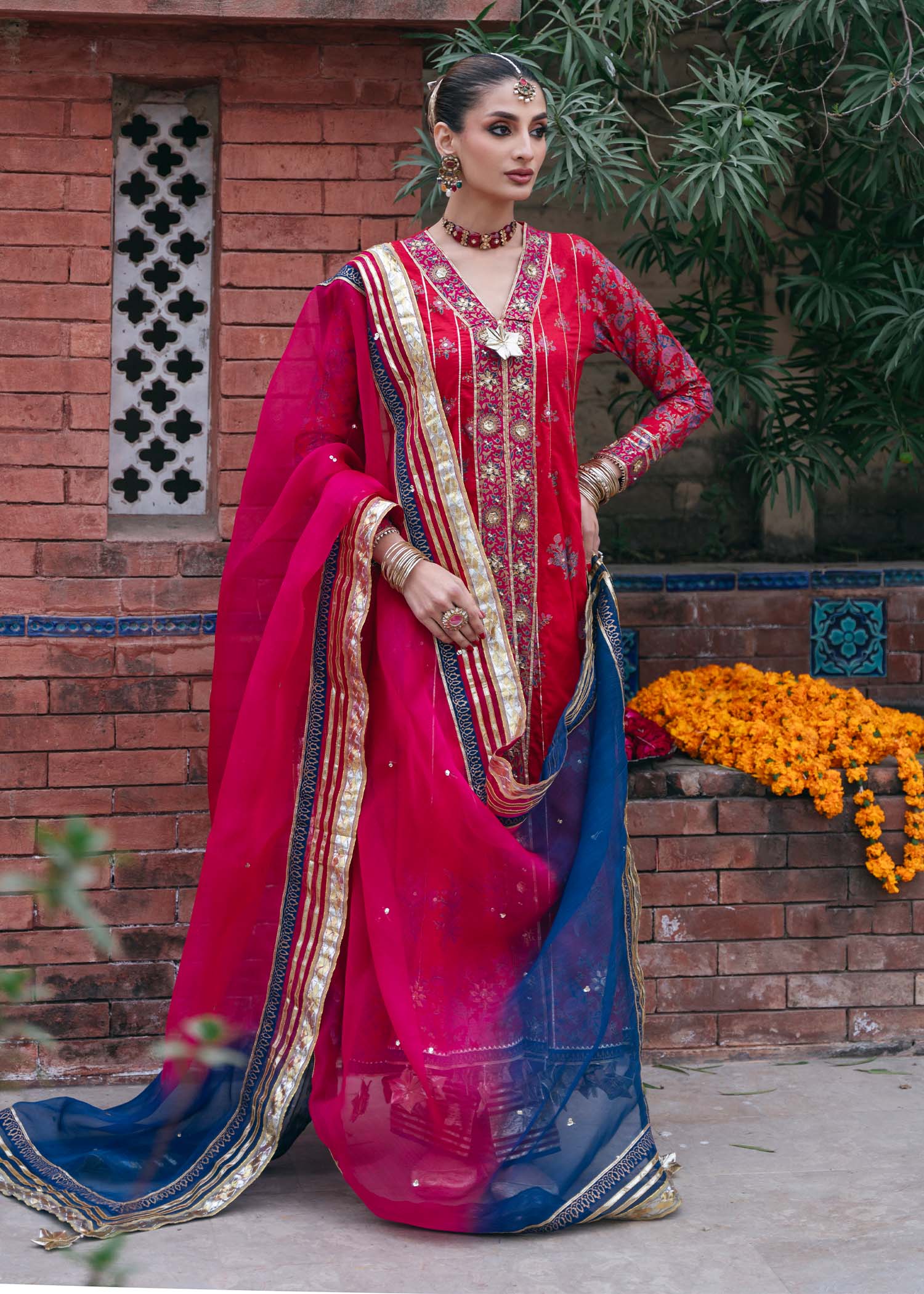 Crimson Gold Block Print Silk Kalidar (3-Piece) - Image 6