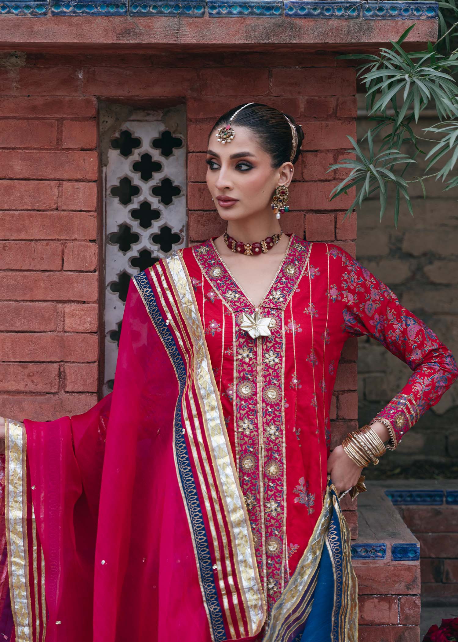 Crimson Gold Block Print Silk Kalidar (3-Piece) - Image 7