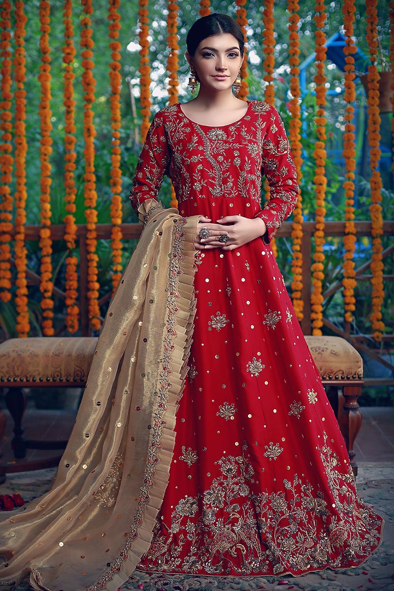 Pakistani Red Zardozi Silk Kalidar Dress (2-Piece) - Image 1