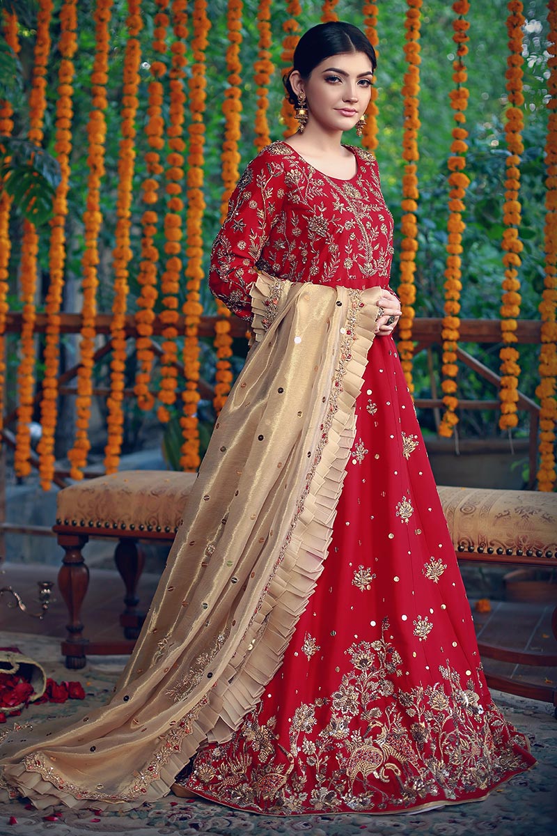 Pakistani Red Zardozi Silk Kalidar Dress (2-Piece) - Image 2