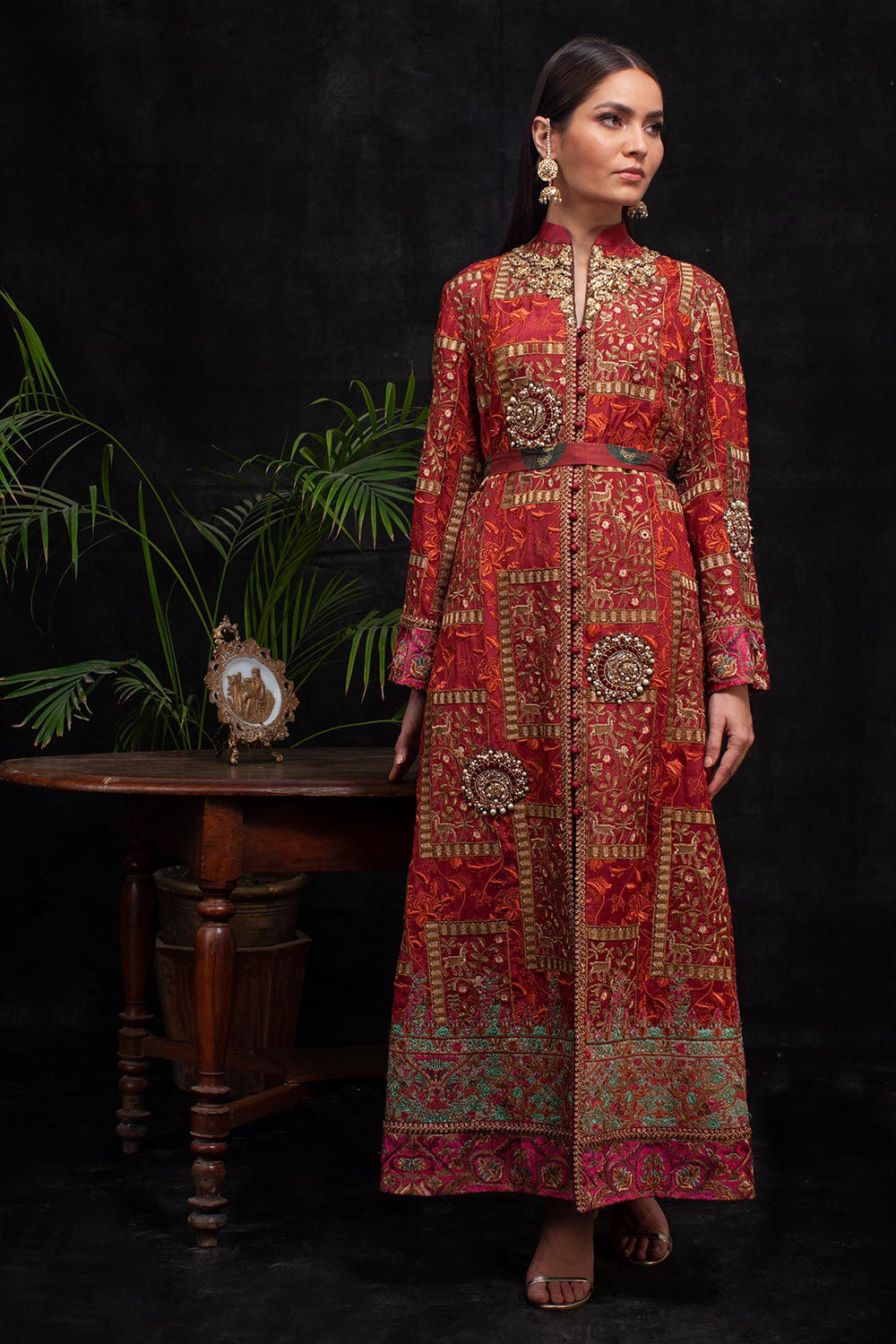 Pakistani Red Zardozi Embroidered Silk Kalidar Coat (2-Piece) - Image 1