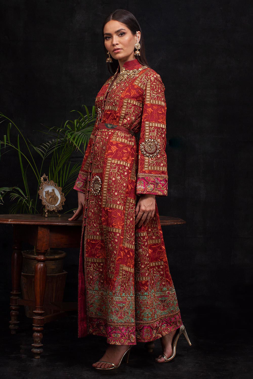 Pakistani Red Zardozi Embroidered Silk Kalidar Coat (2-Piece) - Image 2