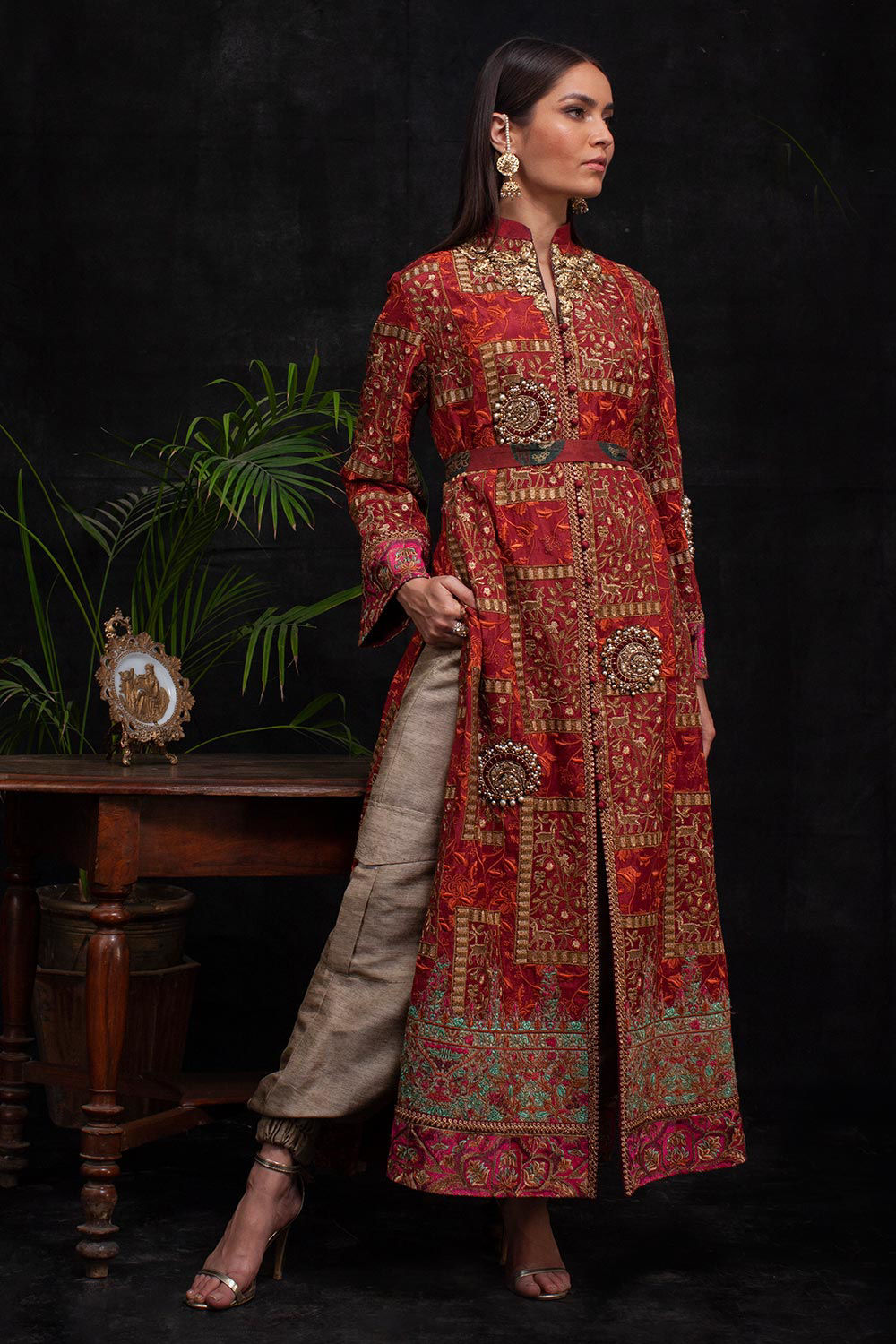 Pakistani Red Zardozi Embroidered Silk Kalidar Coat (2-Piece) - Image 3