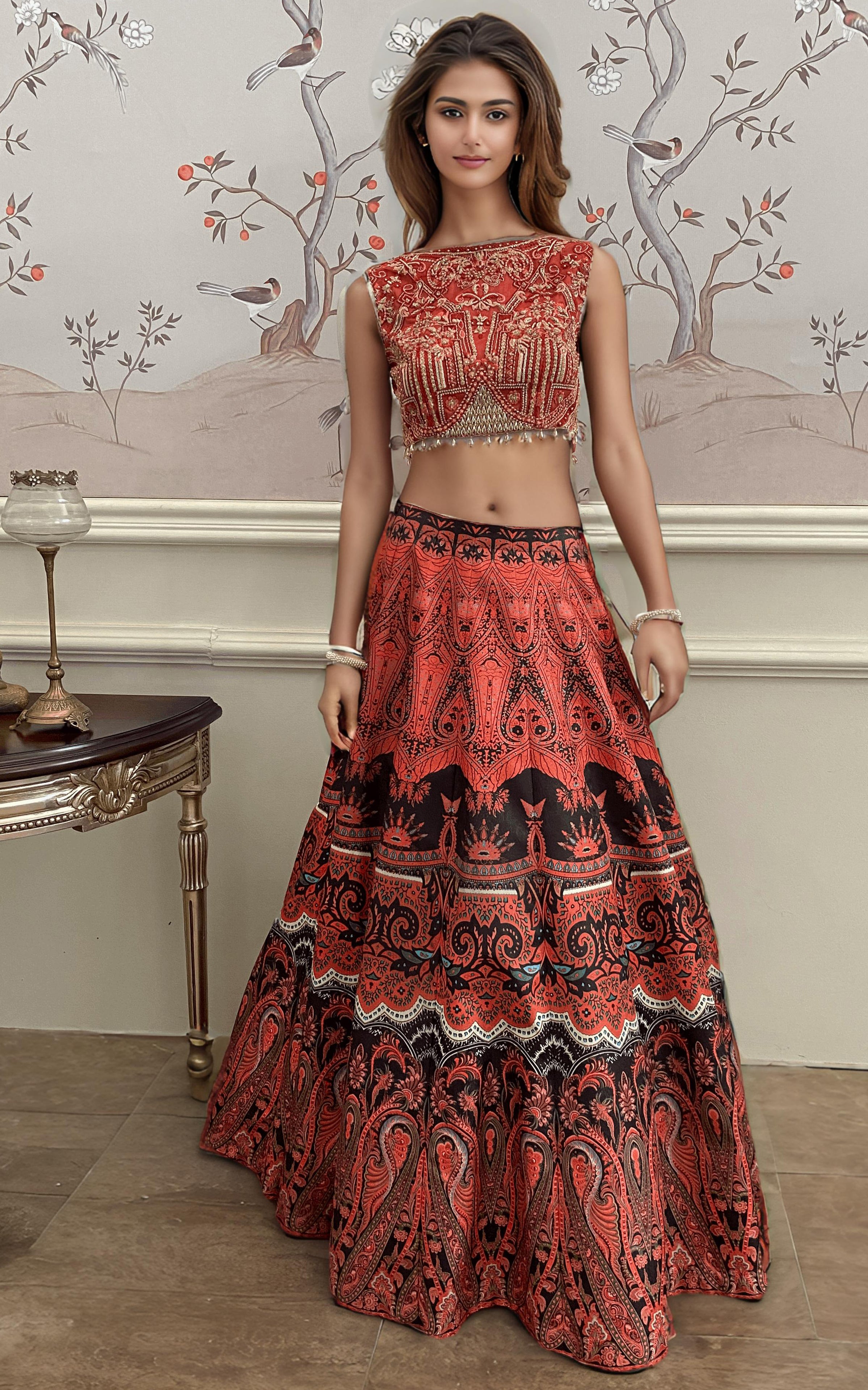 Pakistani Red Embroidered Banarsi Lehenga Set (3-Piece) - Image 2