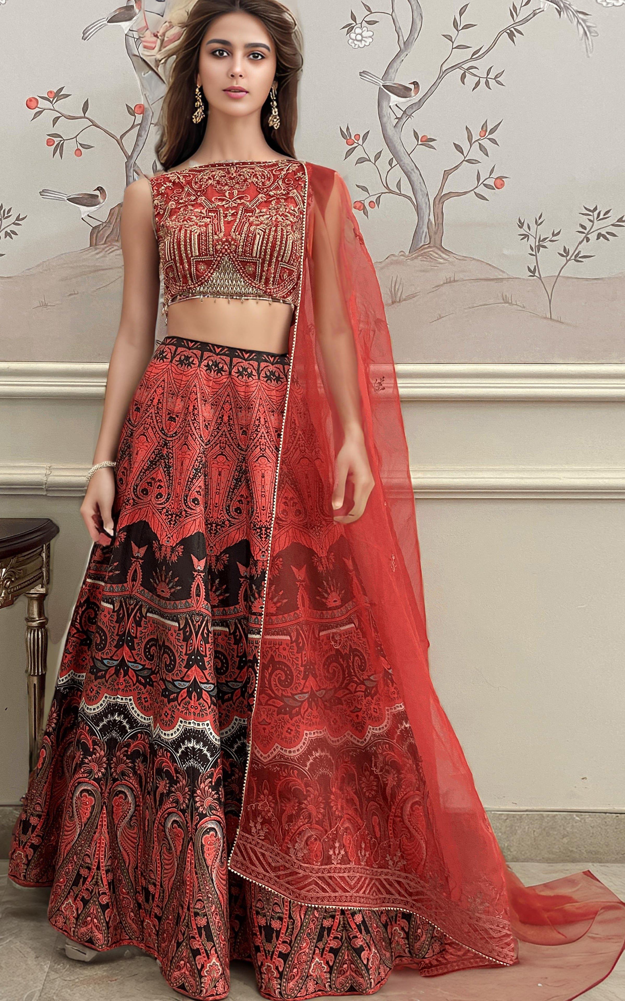 Pakistani Red Embroidered Banarsi Lehenga Set (3-Piece) - Image 3