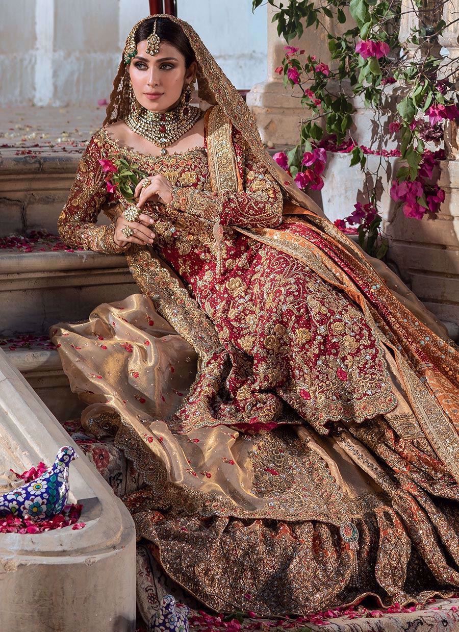 Pakistani Red Zardozi Tilla Banarsi Farshi Lehenga (3-Piece) - Image 6