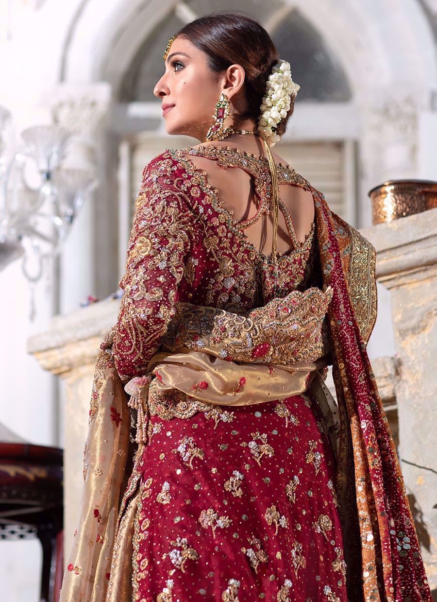 Pakistani Red Zardozi Tilla Banarsi Farshi Lehenga (3-Piece) - Image 8