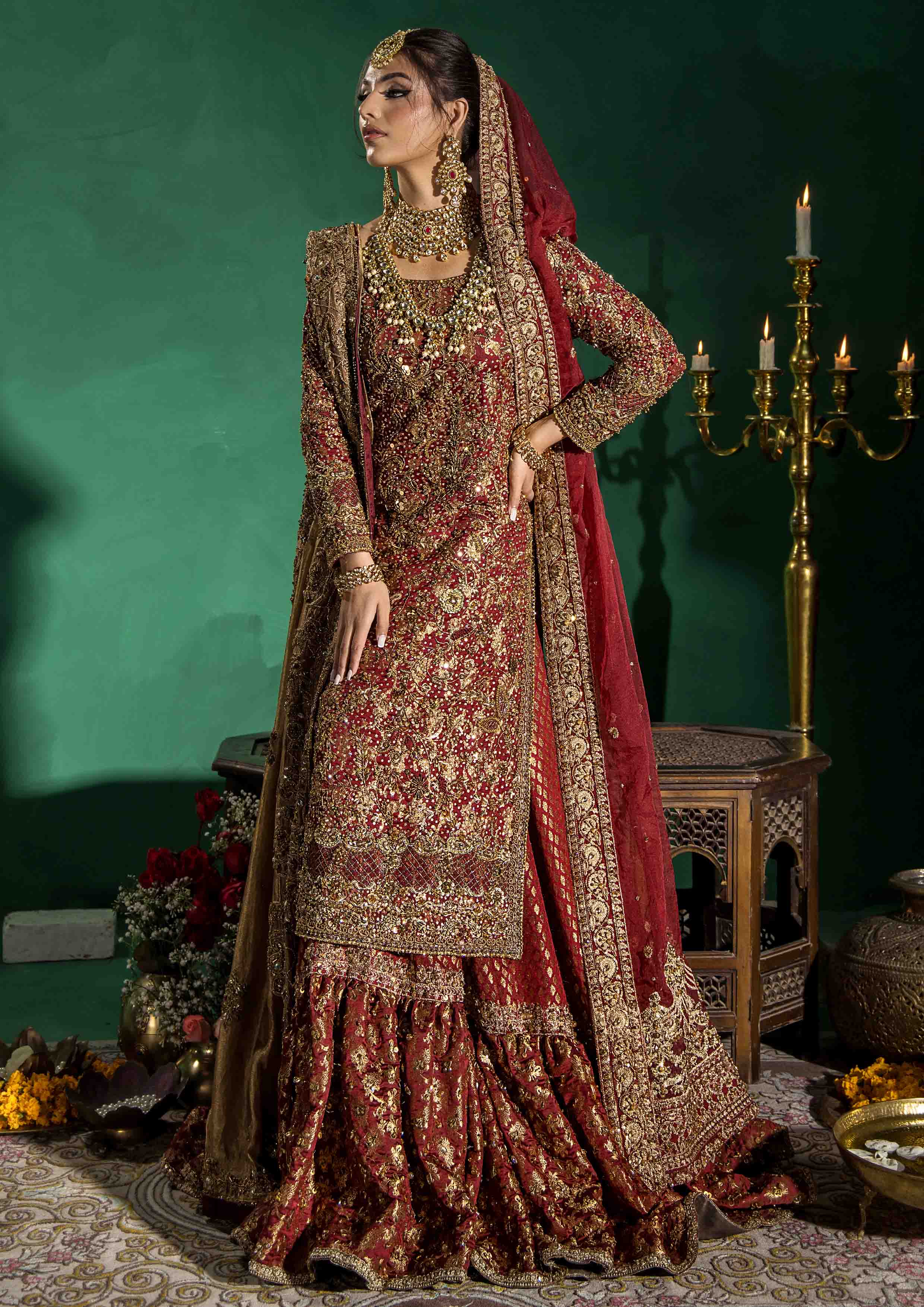 Pakistani Dull Red Hand Embellished Banarsi Farshi Lehenga (3-Piece) - Image 1