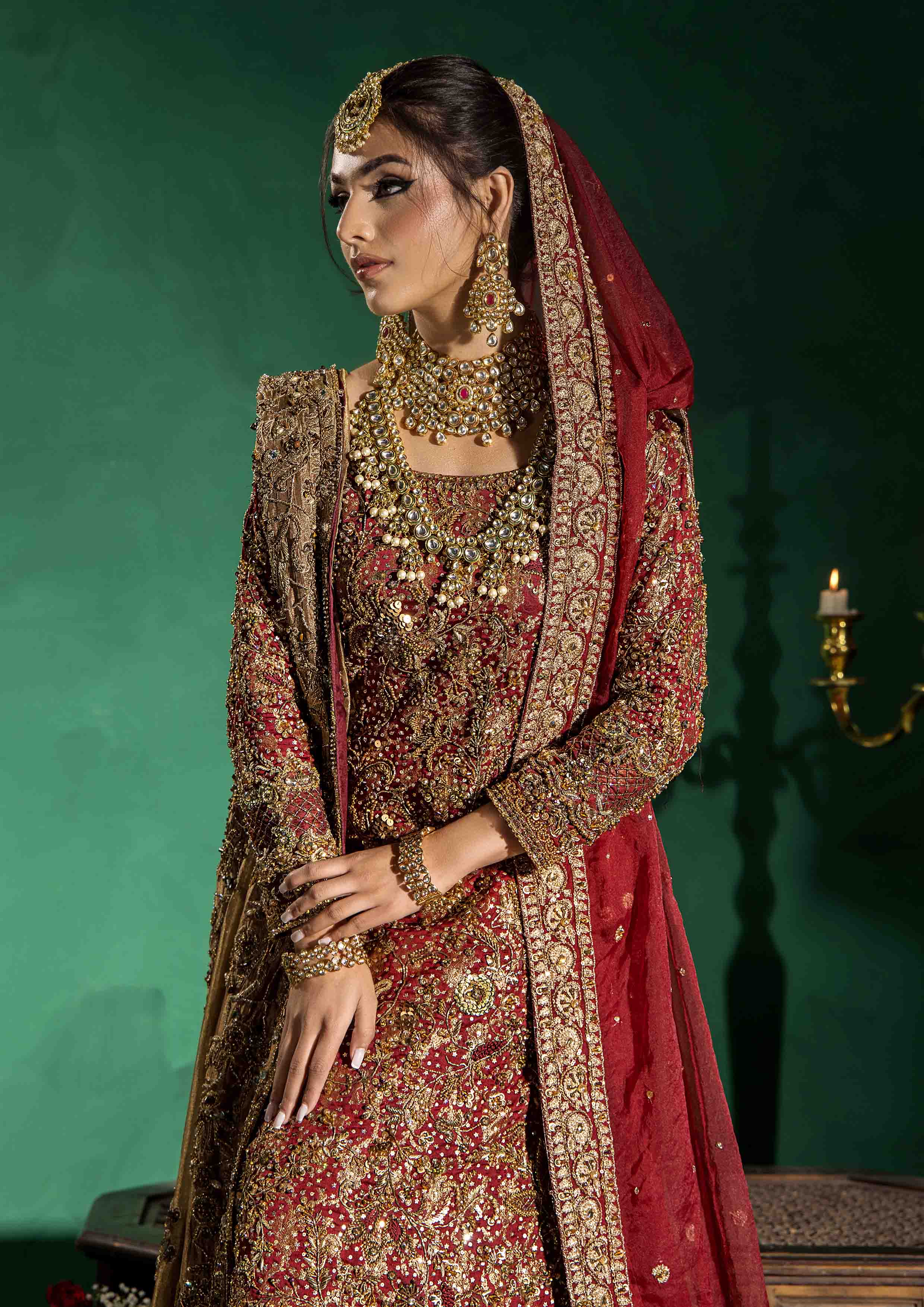 Pakistani Dull Red Hand Embellished Banarsi Farshi Lehenga (3-Piece) - Image 2
