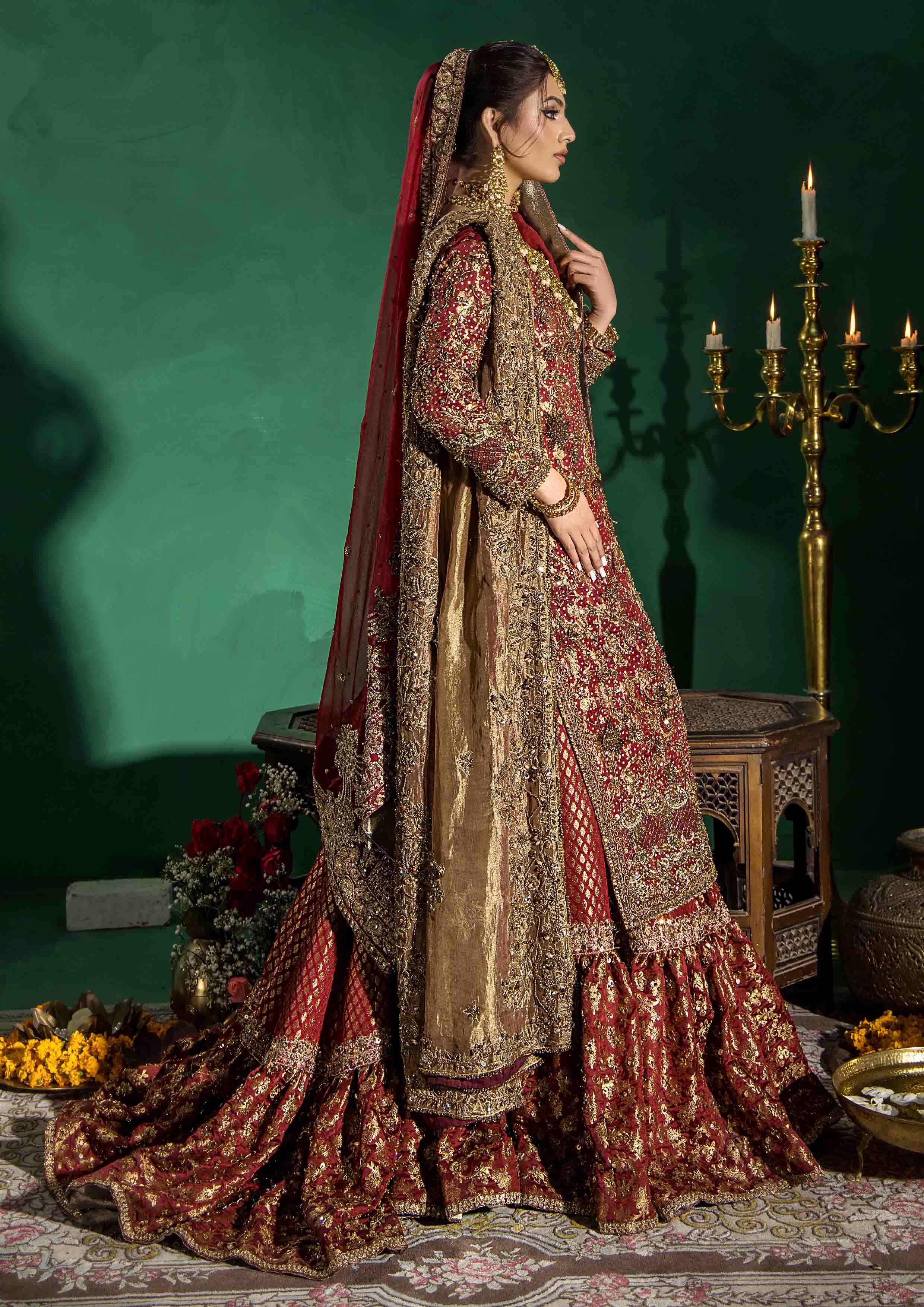 Pakistani Dull Red Hand Embellished Banarsi Farshi Lehenga (3-Piece) - Image 3