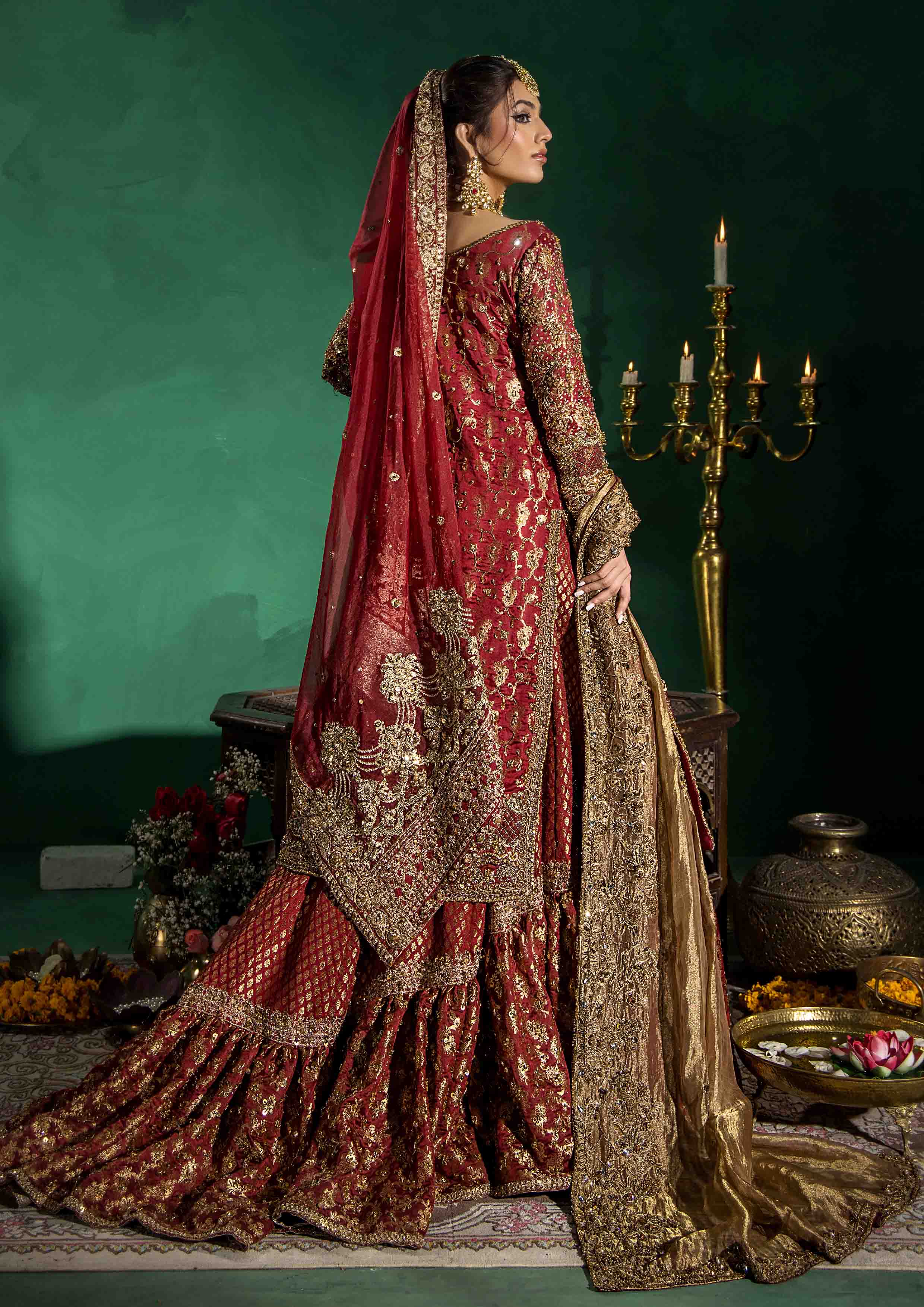 Pakistani Dull Red Hand Embellished Banarsi Farshi Lehenga (3-Piece) - Image 5