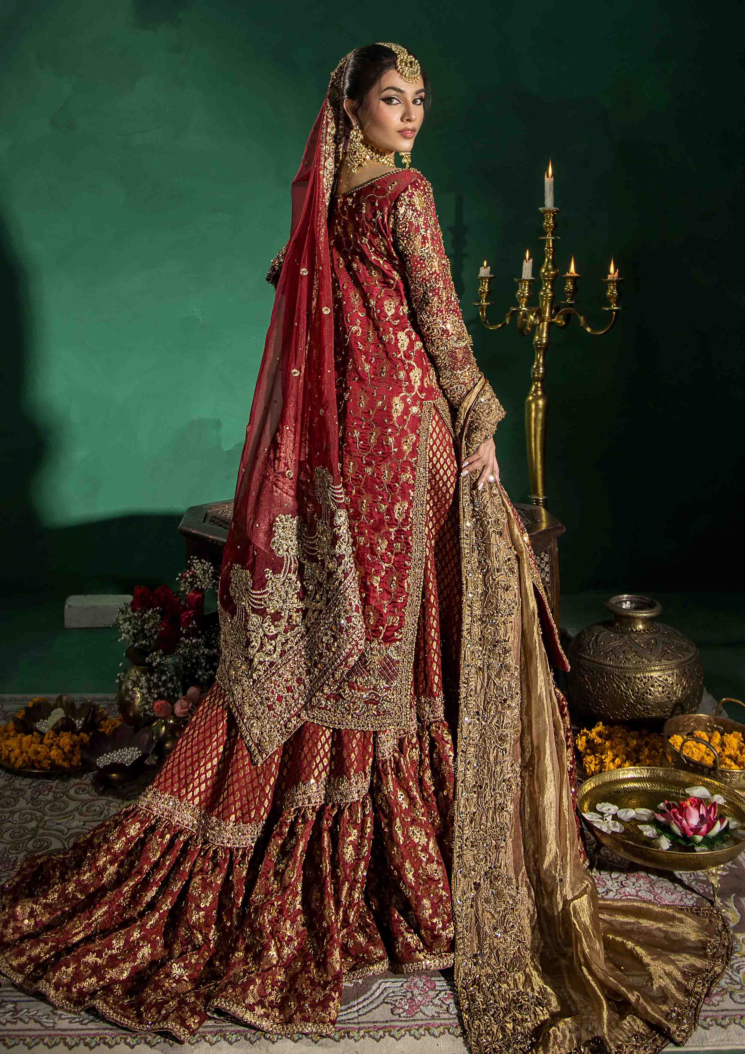 Pakistani Dull Red Hand Embellished Banarsi Farshi Lehenga (3-Piece) - Image 6