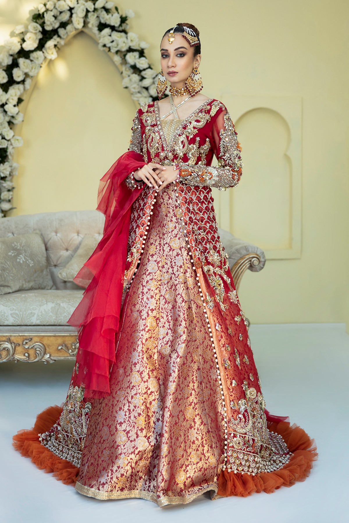 Pakistani Deep Red Embellished Brocade Lehenga Gown (3-Piece) - Image 1
