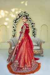 Pakistani Deep Red Embellished Brocade Lehenga Gown (3-Piece) - Image 3