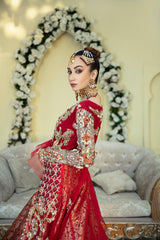 Pakistani Deep Red Embellished Brocade Lehenga Gown (3-Piece) - Image 5