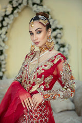 Pakistani Deep Red Embellished Brocade Lehenga Gown (3-Piece) - Image 6