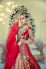 Pakistani Deep Red Embellished Brocade Lehenga Gown (3-Piece) - Image 7