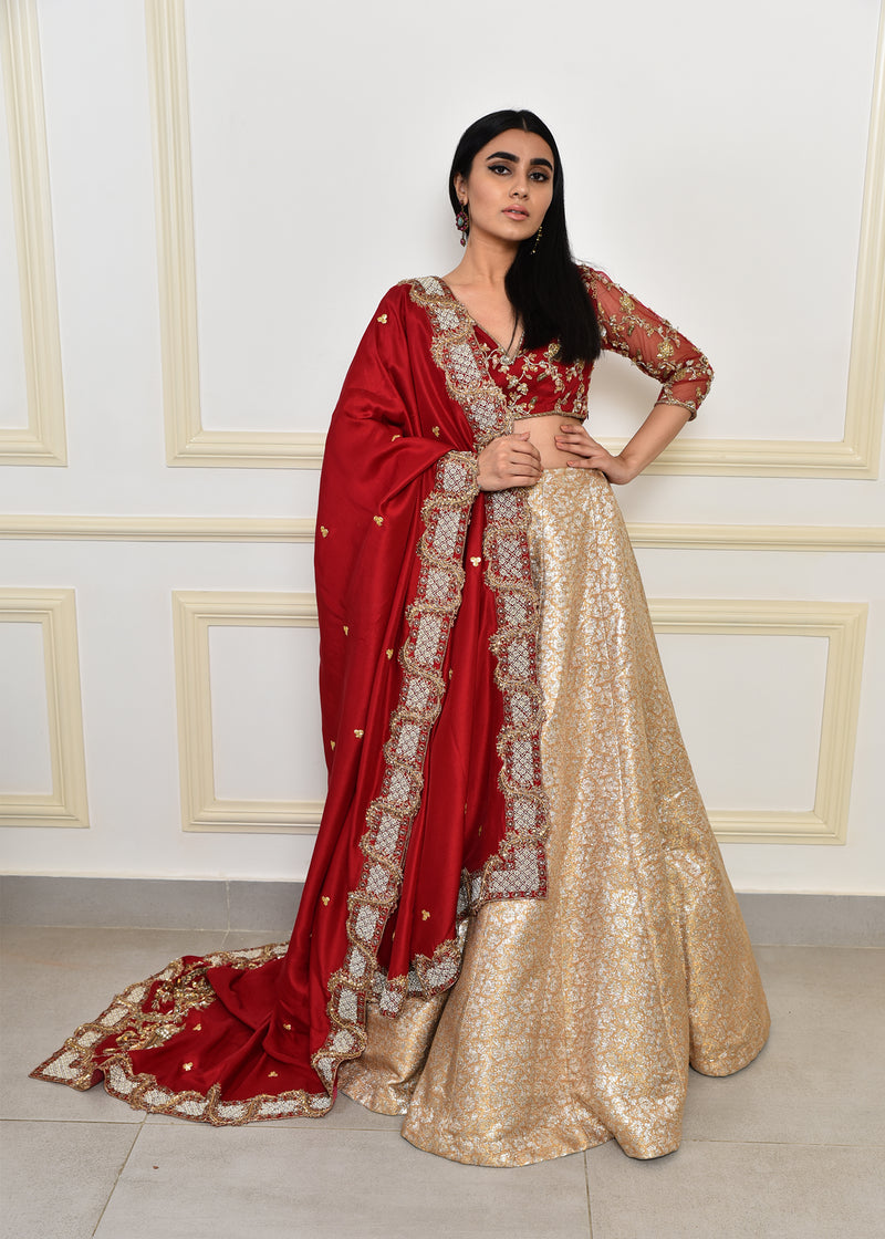 Red and Peach Embroidered Net Rawsilk Brocade Bridal Lehenga (3-Piece) - Image 1