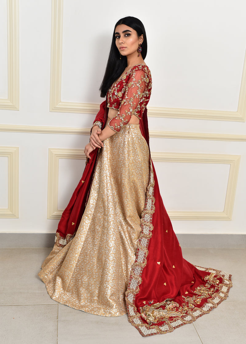 Red and Peach Embroidered Net Rawsilk Brocade Bridal Lehenga (3-Piece) - Image 2