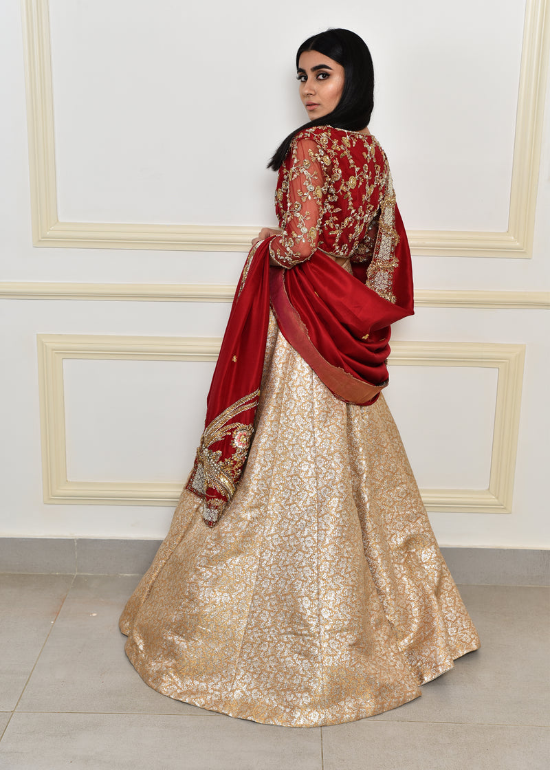 Red and Peach Embroidered Net Rawsilk Brocade Bridal Lehenga (3-Piece) - Image 3