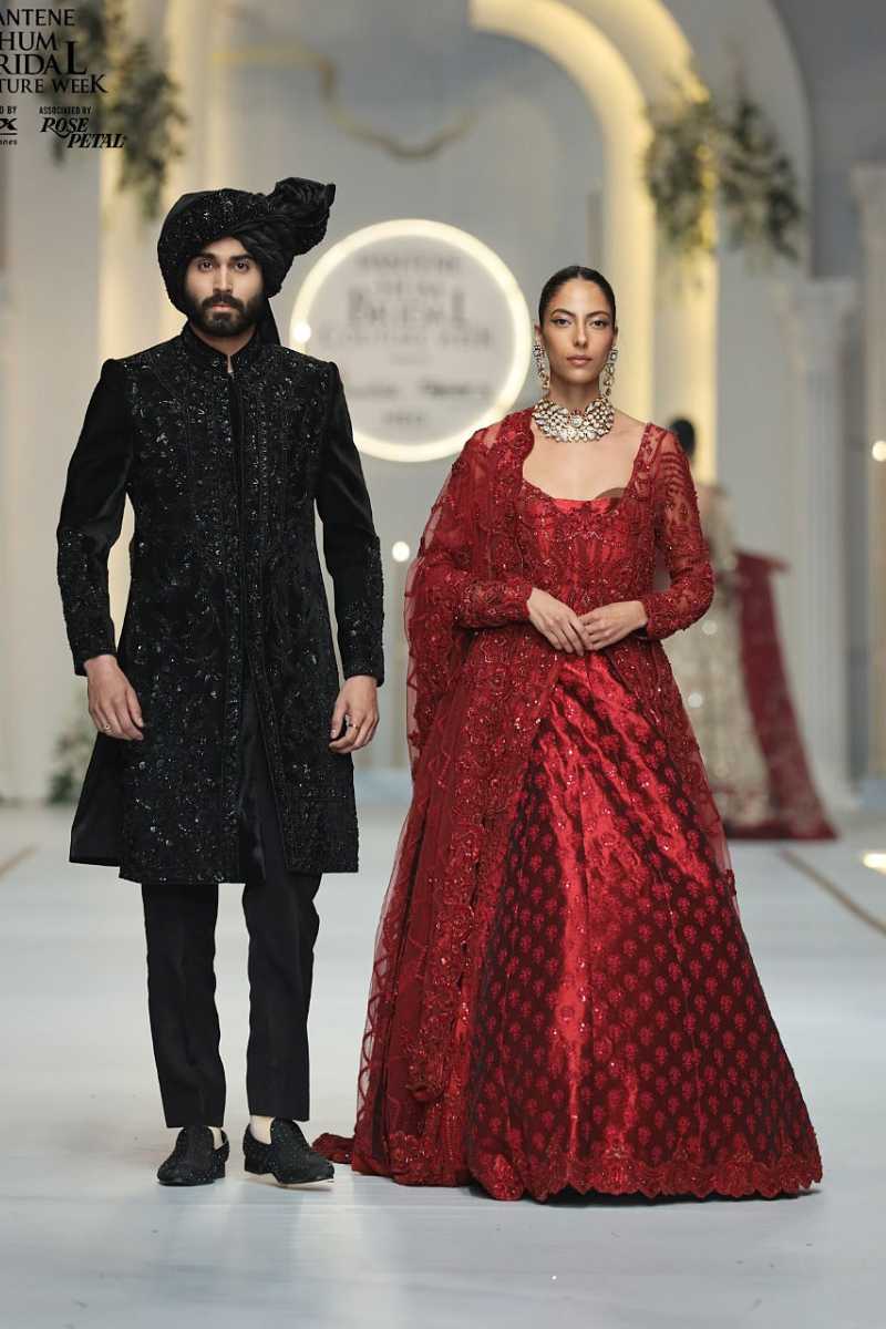 Deep Red Embellished Silk Blend Bridal Lehenga (3-Piece) - Image 1