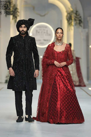 Deep Red Embellished Silk Blend Bridal Lehenga (3-Piece) - Image 2