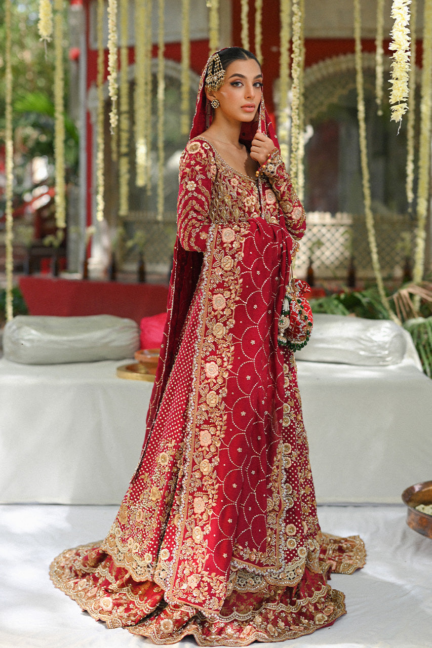Pakistani Deep Red Zardoze Cotton Net & Brocade Bridal Lehenga (3-Piece) - Image 1