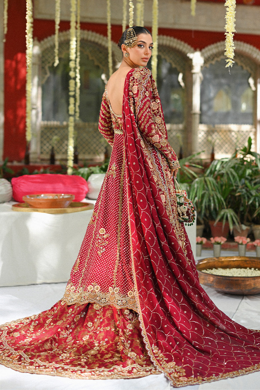 Pakistani Deep Red Zardoze Cotton Net & Brocade Bridal Lehenga (3-Piece) - Image 2