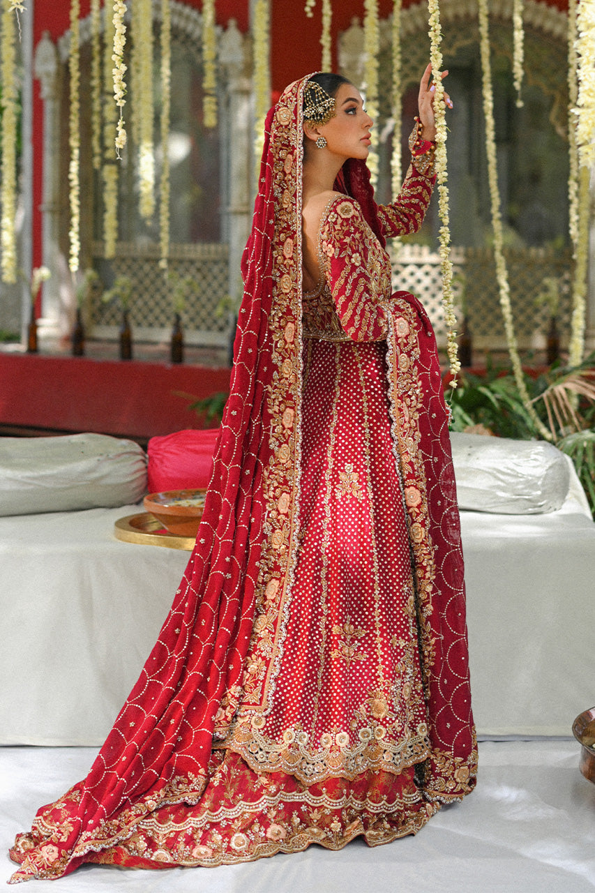 Pakistani Deep Red Zardoze Cotton Net & Brocade Bridal Lehenga (3-Piece) - Image 4