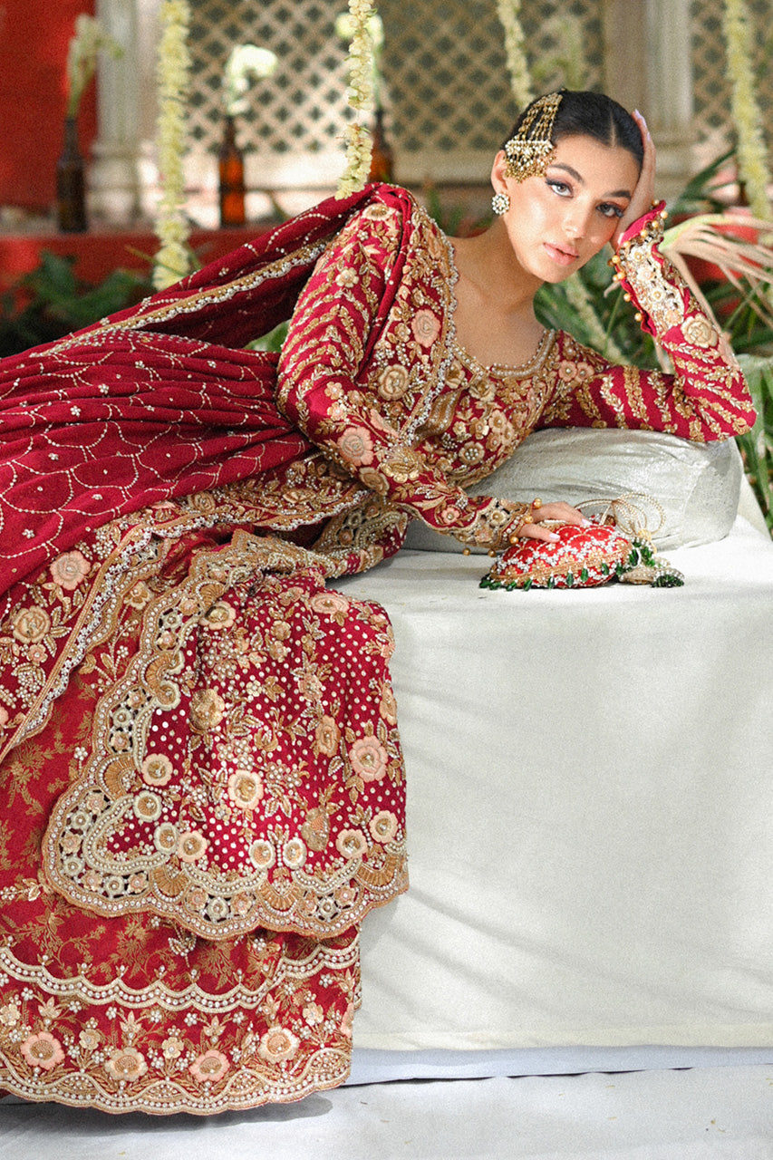 Pakistani Deep Red Zardoze Cotton Net & Brocade Bridal Lehenga (3-Piece) - Image 5