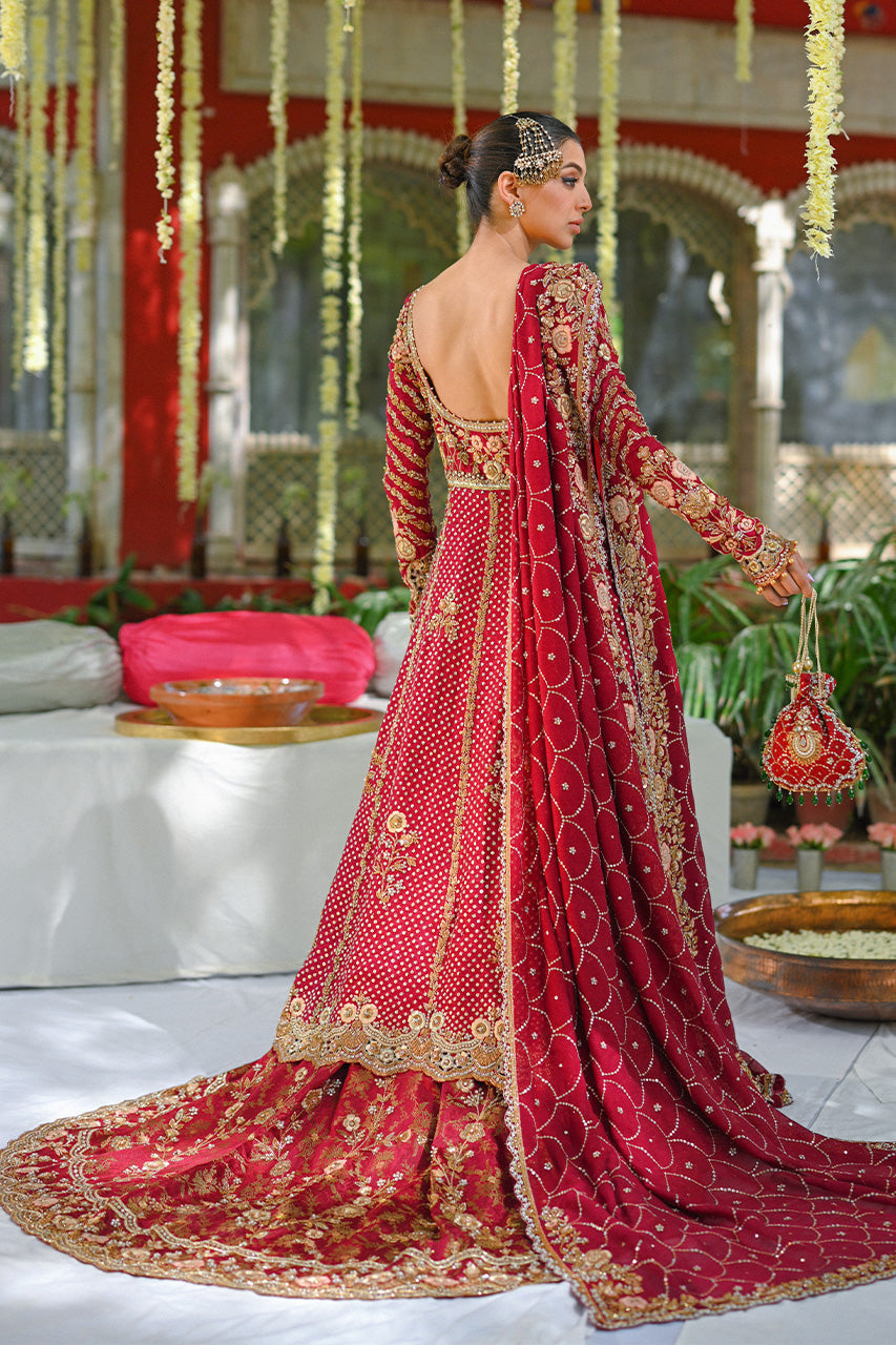 Pakistani Deep Red Zardoze Cotton Net & Brocade Bridal Lehenga (3-Piece) - Image 6